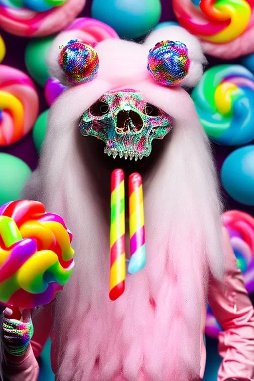 Muscular cotton candy werewolf made of candies and lollipops, sharp teeth, monstrous face, staring at you, drooling