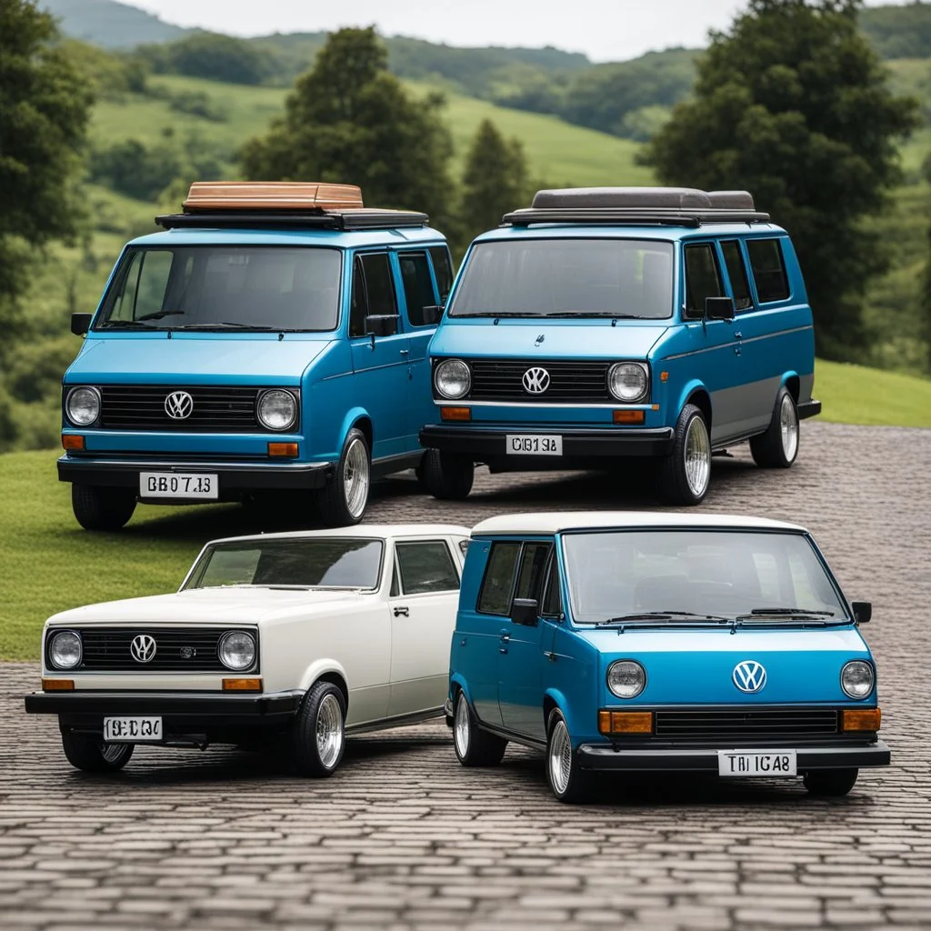 Legendary Cult Rigs – The Ultimate VW T3 & Caddy Fleet ShowcaseMillimeter-Precise Description: An absolute dream gathering celebrating German automotive heritage! Positioned on an elevated stone-paved overlook, a complete fleet of third-generation Volkswagen T3 Transporters (Vanagons) stands alongside two iconic VW Caddy Mk1 (Type 14D) models: Foreground (The Caddy Duo): Left: A pristine white VW Caddy Mk1 high-roof panel van featuring neat "Party-Service" side lettering. Right: A vibrant orange