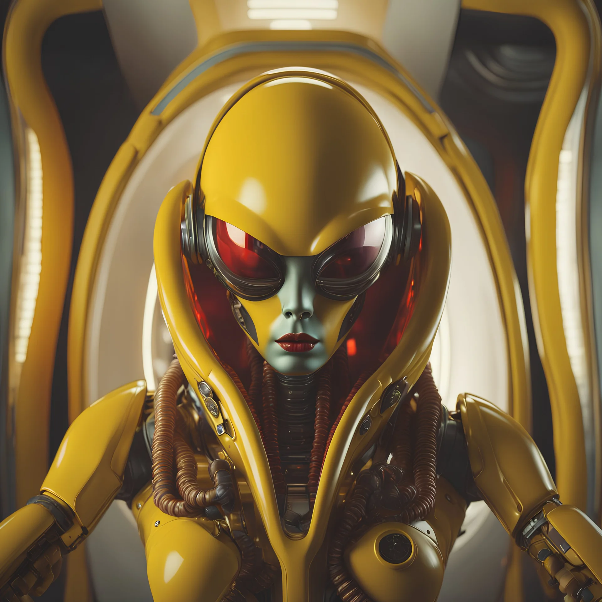 Alien retro computer robot portrait photo, pastel colors, yellow, red, photographed by Daria Endresen, film still from Alejandro Jodorowsky, medium shot fashion, award winning photography, arty pose, fashion, high definition, high resolution, muted colors , volumetric lighting, 8k, 3d render