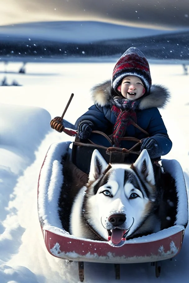 niño y niña viajan en un trineo tirado por un husky por un paisaje nevado