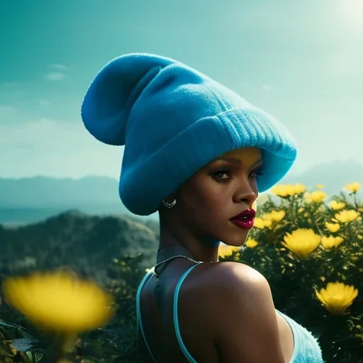 Rihanna as smurf with yellow flowers for hair, closed eyes, rtx, reflection, 8k, glow, winning photography, caustics