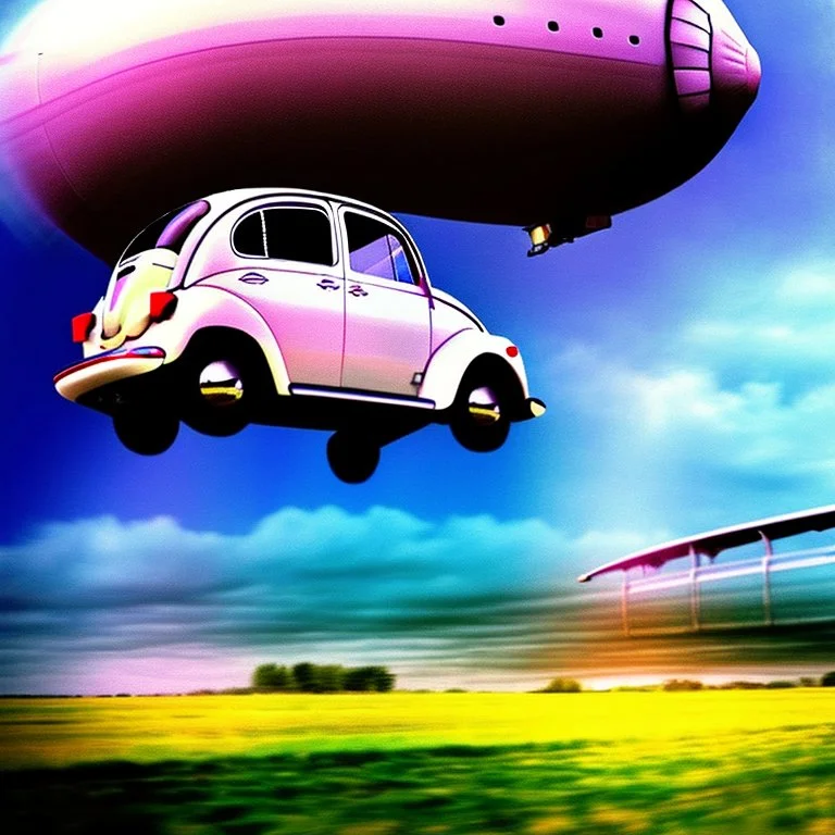 blimp vw-beetle hybrid, retrofuturistic, phototrealism, in flight, one subject,