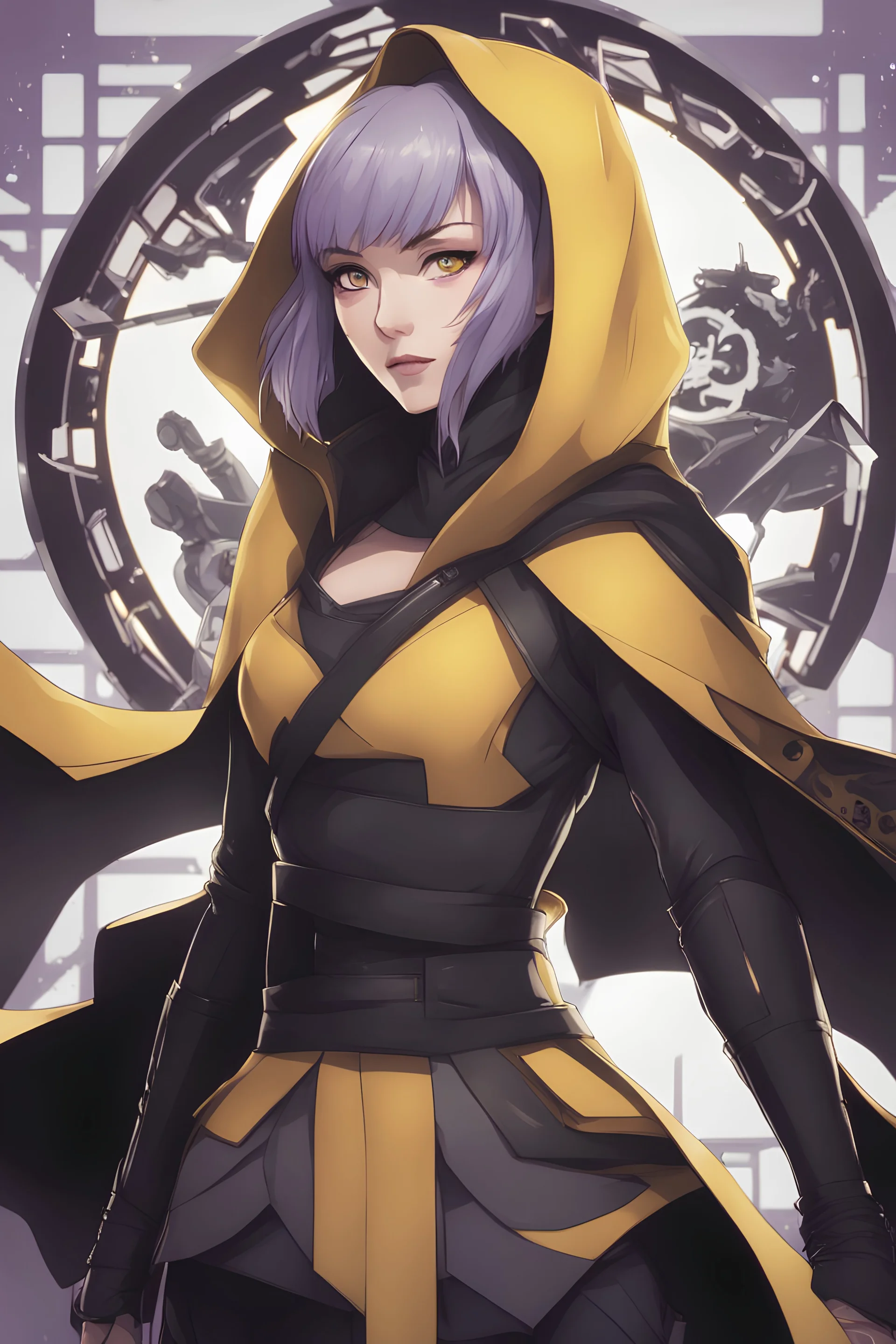 Woman in her thirties with short lavender hair, yellow eyes, wearing a black cloak and futuristic black clothes, holding ninjato, Japanese background, RWBY animation style