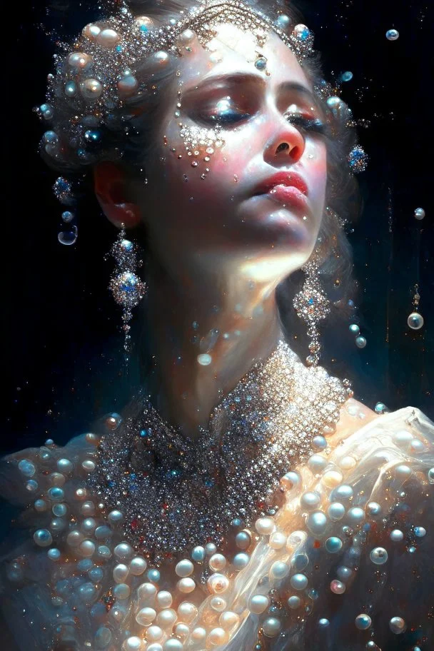 Lady covered in pearls and gems, a masterpiece by by Greg Rutkowski, beautiful spectacular textures, striking amazing light and shadows, remarkable dramatic setting, stunning unique reflections,