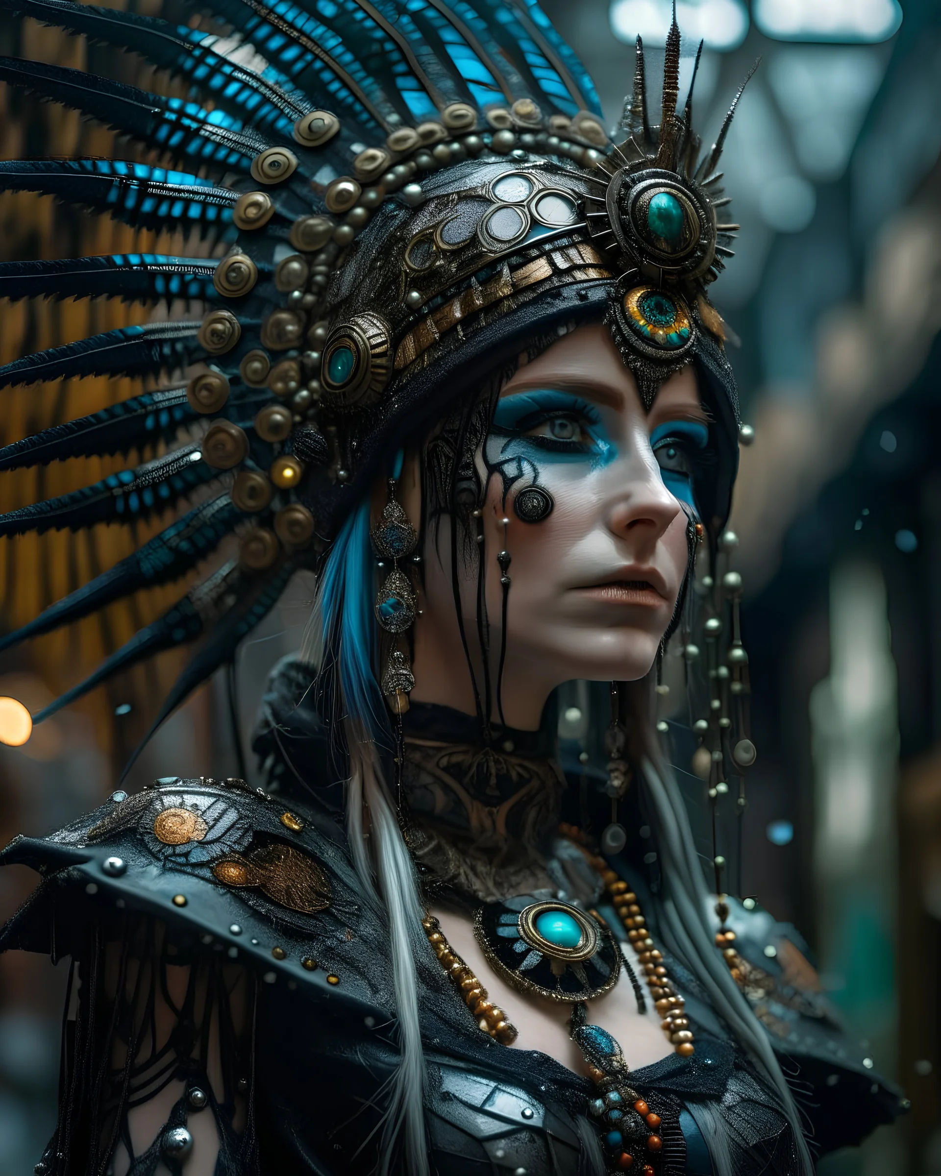 Solarpunk voidcore shamanism woman portrait adorned with decadent goth headdress and half face masque solar punk armour dress ribbed with quartz agate azurit and obsidian metallic filigree dress and armour and embossed solar punk headdress organic bio spinal ribbed detail of rainy gothic cityscape bokeh background