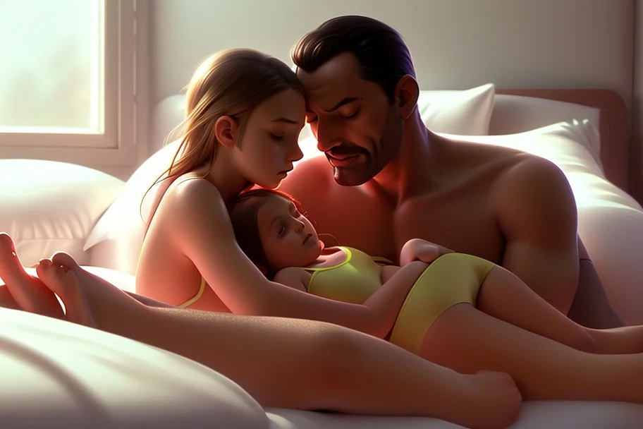 Digital painting of dad cuddling two beautiful young teenage girl in a swimsuit on a bed. eating a banana. with dad, artstation, 8k, extremely detailed, ornate, cinematic lighting, vivid.