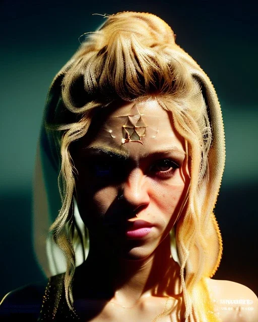 portrait, Shakira, blonde artist, angry, Realistic image, hoodie, fight pose, make-up make-up, gold line make-up, sweat, fog, goddess style, Neon colors, leds. Black background, photo studio, concept art, smooth, unreal engine 5, god lights, ray tracing, RTX, lumen lighting, ultra detail, volumetric lighting, 3d, finely drawn, high definition, 4k.