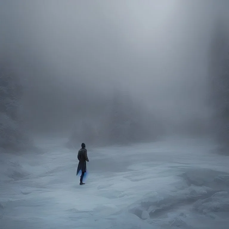 photograph, hyperreal, lost, feeling, person, biped, winter landscape, ice field, crystals, surreal, dreamlike, foggy