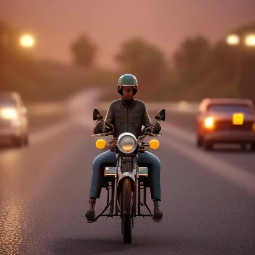 Royal enfield classic 350. Highway. high speed. bokeh. lens flare. warm lights. high detailed