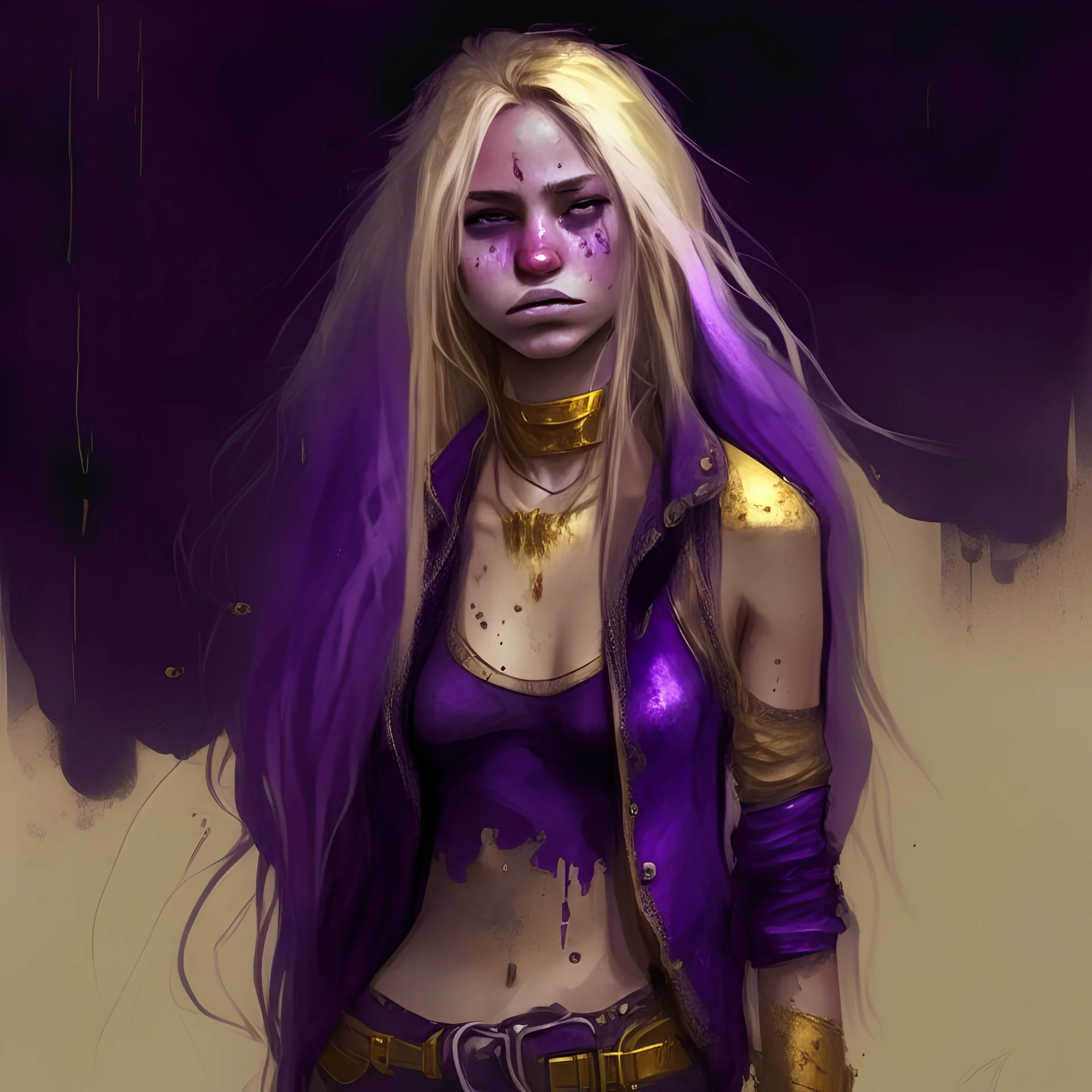 A girl with a purple gold hue around them with small bits of purple gold on their skin. They have long, dirty blonde hair and wear a tank-top with a jacket around their waist and jeans. They wear boots and have violate eyes.