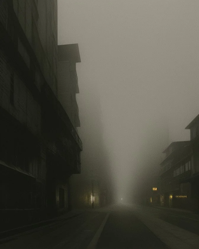 Dark street life creepy fog colours strong texture nightmare 8k artistic Photography volumetric light, Yves Tanguy Max Ernst Gustav Klimt chaos fool