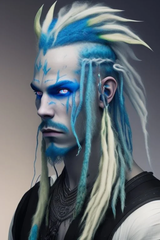 A tieffelin with blue skin and white Dreadlock hair. His pupil-less eyes are green. He wears a small beard. His horns are black and curved backwards. He wears a beige tunic.