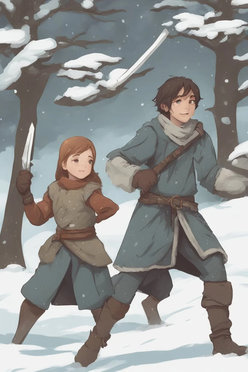 DnD style, two medieval peasant kids playing in the snow, female age 14 and male age 15, happy and playful, he has a short sword.