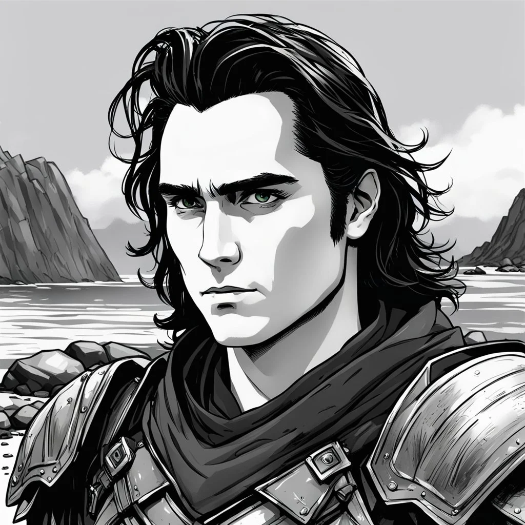 A portrait of Joaquin Phoenix in his early 30s, long beachy haircut, black hair, on a rocky island, in ebony armor from Skyrim, melancholic and dangerous facial expression, half-smiling, drawn in the style of ink manga sketch, black and white, sketchy