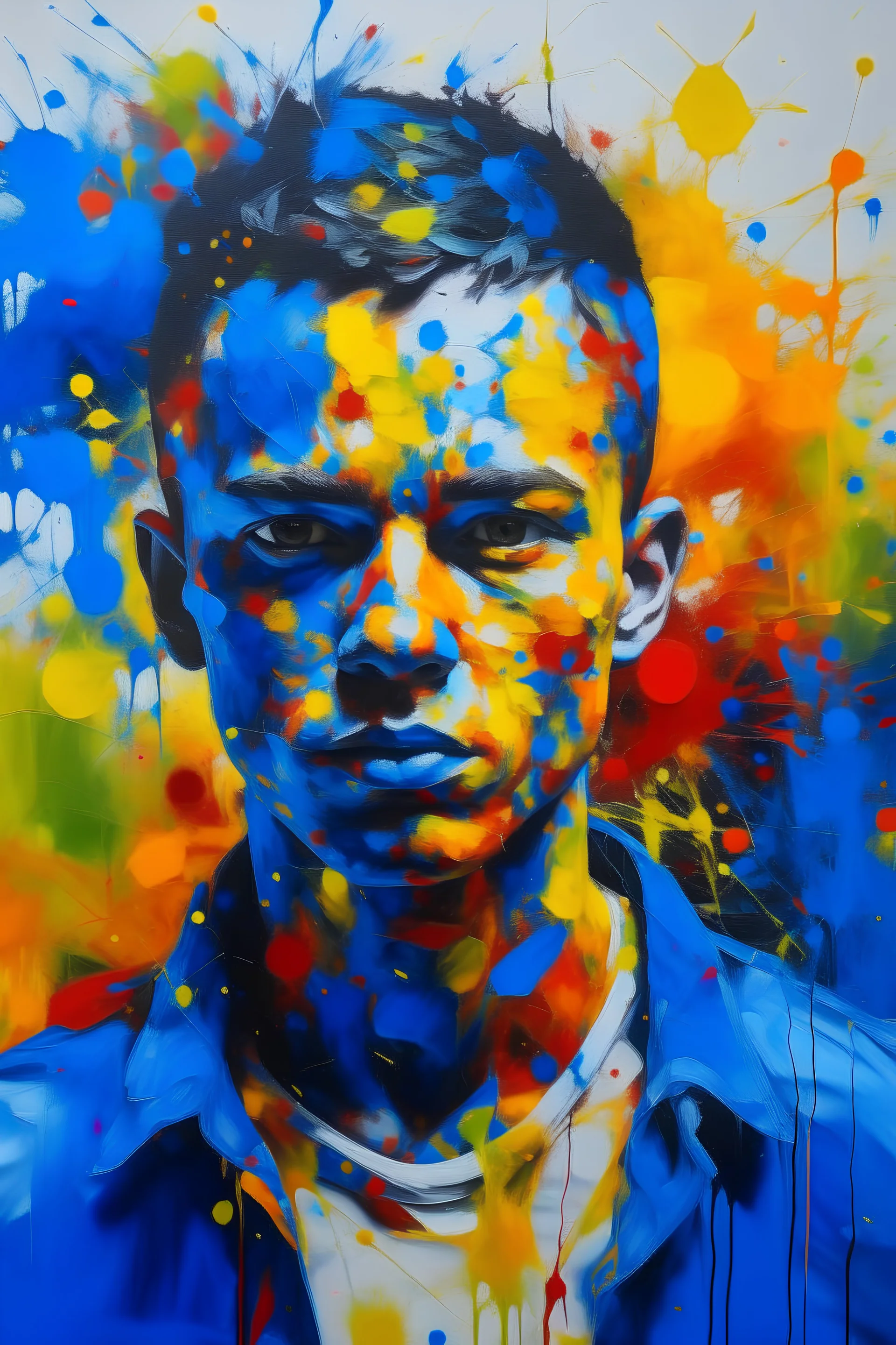 colorful and abstract person portrait. The person is decorated with bright paint splatters in blue, yellow, orange and black. The painting style is abstract and expressionist, integrating the figure with the colorful background. The person's face is intentionally blurred or hidden. Part of a white shirt or jacket appears among the colorful splashes.