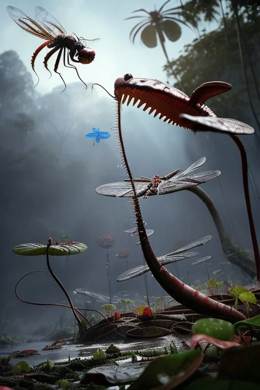 large venus fly trap with teeth eating a dragonfly, flowers, jungle, hyperrealistic, trees in background, digital art, alien like, disgusting, intricate, morbid, rainy, sinister, volumetric lighting, unreal engine, high resolution, 8k, depressing colors, dark colors, horror, horrific,