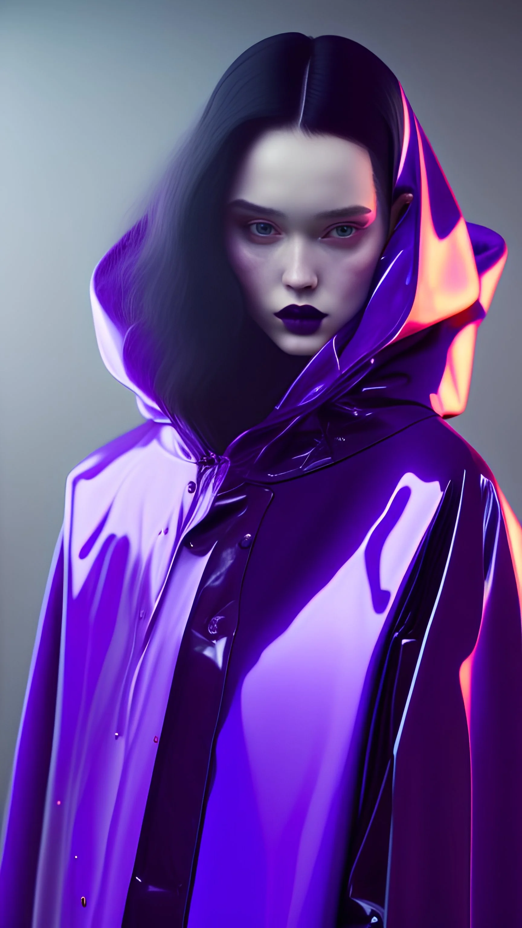 painting by koson ohara and marta bevacqua, portrait of a sensual beautiful goth woman with long black hair, wearing a plastic raincoat, purple neon lighting, 8k, high quality, highly detailed