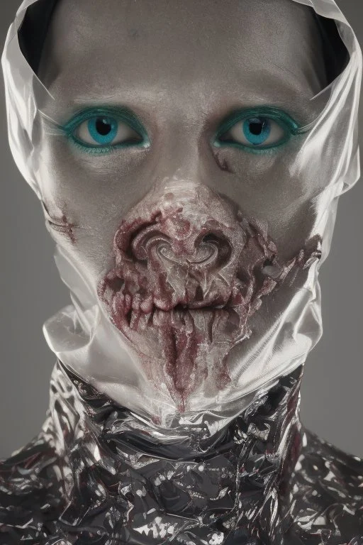 A realistic , 8k high quality image of a person's face from above, face is covered with a plastic, can't breath, suffocating with the face showing like vacuumed under the plastic, eyes open and looking in fear, metaphorically depicting the suffocating grip of anxiety, gothic and dramatic, chaos80 , with debree flying around, abstract