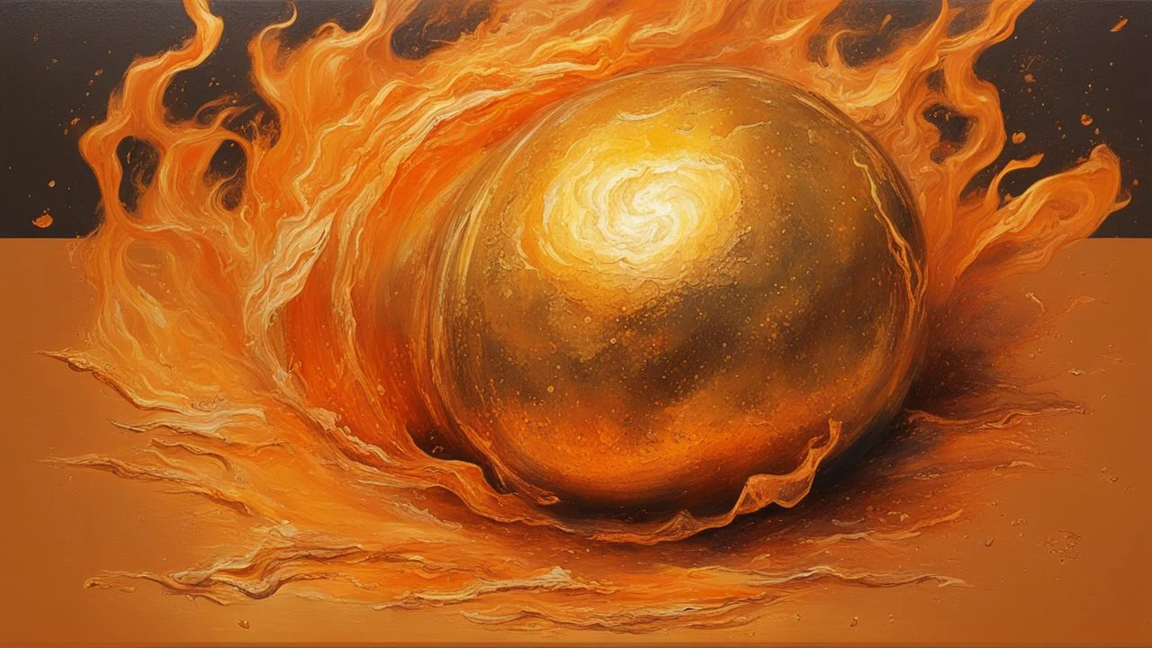 Hyper Realistic Golden-oil-paint on orange-background with burning-embers on it