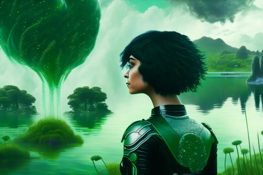 Photo of a skinny woman with a black bob hairstyle, in a green and silver android suit, looking at flying dandelion heads with octopus tentacles looking out over a lake, in an alien forest, with tall narrow cloud trees