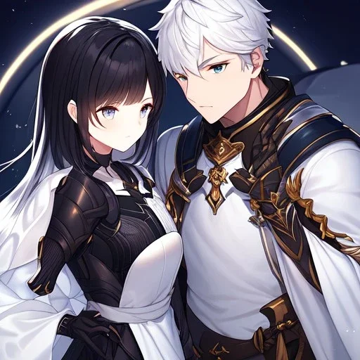 Girl with white hair wearing white robes. Boy with black hair wearing leather armor