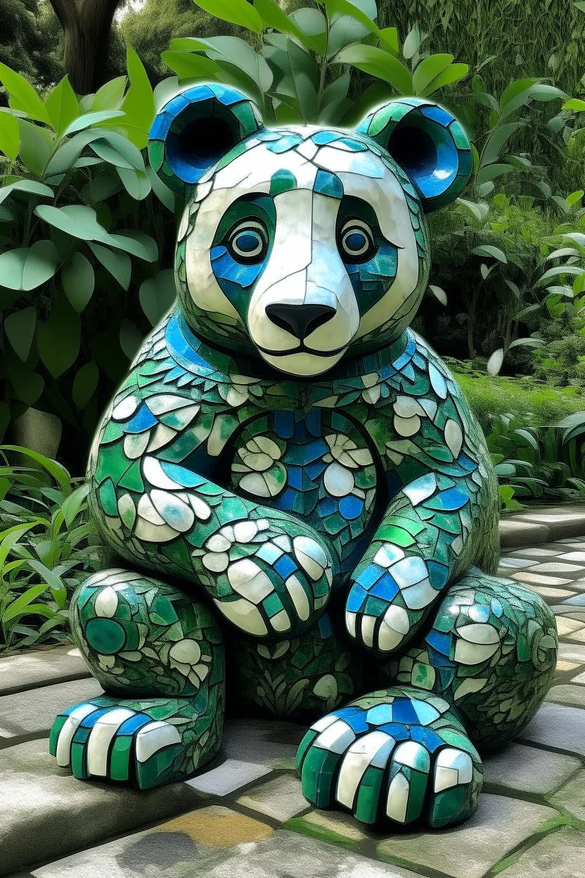 A greenish blue nature elemental panda designed in ancient Greek mosaics painted by Stuart Davis