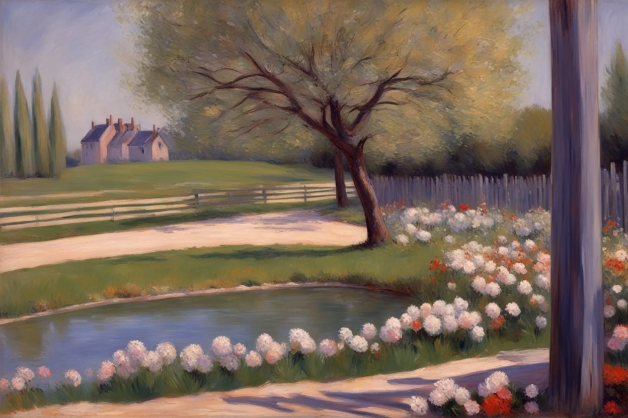 amazing sunny spring day, trees, flowers, fence, little pond, gustave caillebotte impressionism painting