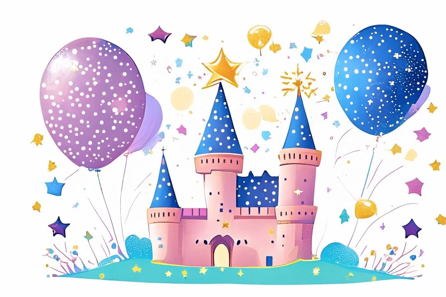 a sparkling star, a castle, elements like balloons and confetti. children book style illustration.