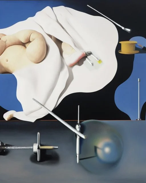 human body, universe-like light, complex surgical instruments mixed with a newborn boy,minimalism,Painting By Adrian Ghenie, Rene Magritte, Salvador Dali, Lucian Freud