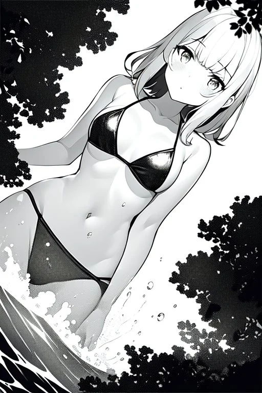 girl in a bikini swim in water, top view, greyscale