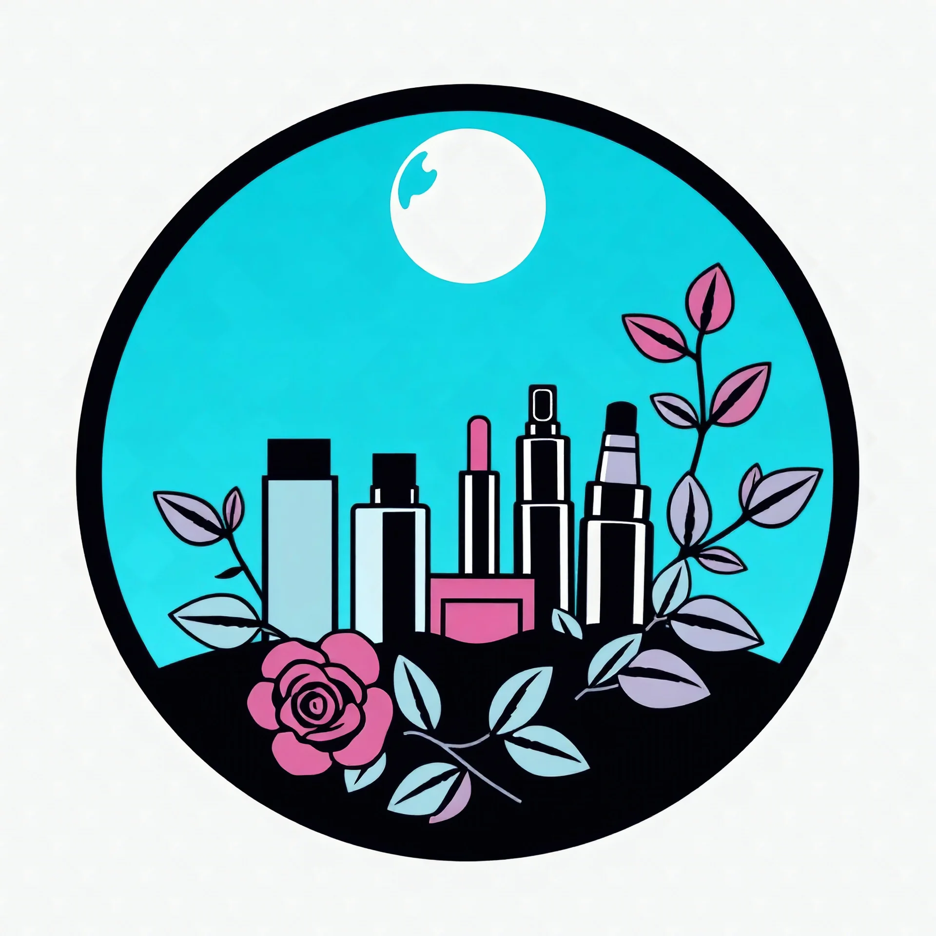 A circular logo designed for a cosmetics store with the symbol of the moon and turquoise and indigo colors and a blue and black circle decorated with cosmetics and nail polish, lipstick, body spray, body spray and rose leaves.