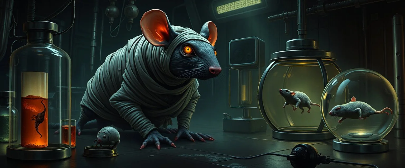 1️⃣ Lab Escape "A giant mummy rat with tattered bandages and glowing intelligent eyes hides among metallic lab equipment and glowing vials in a dim futuristic lab. It crouches cautiously, curious but wary. Nearby, a smaller rat is trapped in a glass cage, and another rat floats in a stasis pod. Dramatic chiaroscuro lighting in the style of Rembrandt, with expressive features on the rats, highlighting cleverness and tension."