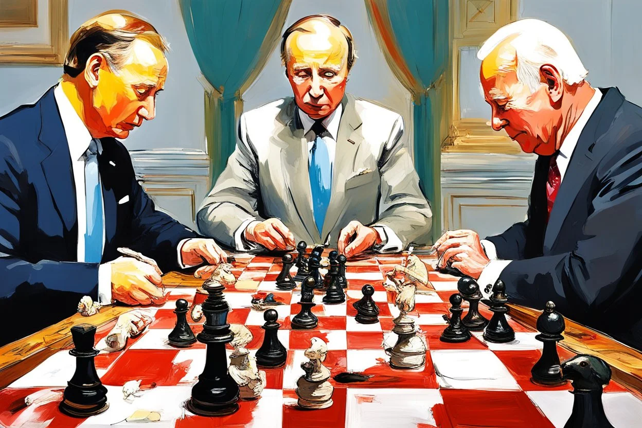 Putin, President Xi Of China And Joe Biden Play Chess With A Pigeon,Ufo And Atomic Bomb Mushroom Cloud,Complex Surgical Instruments Intermixed With A Newborn Boy,Minimalism,Painting By Adrian Ghenie,Rene Magritte,Pablo Picasso,Michelangelo,Salvador Dali,Lucian Freud