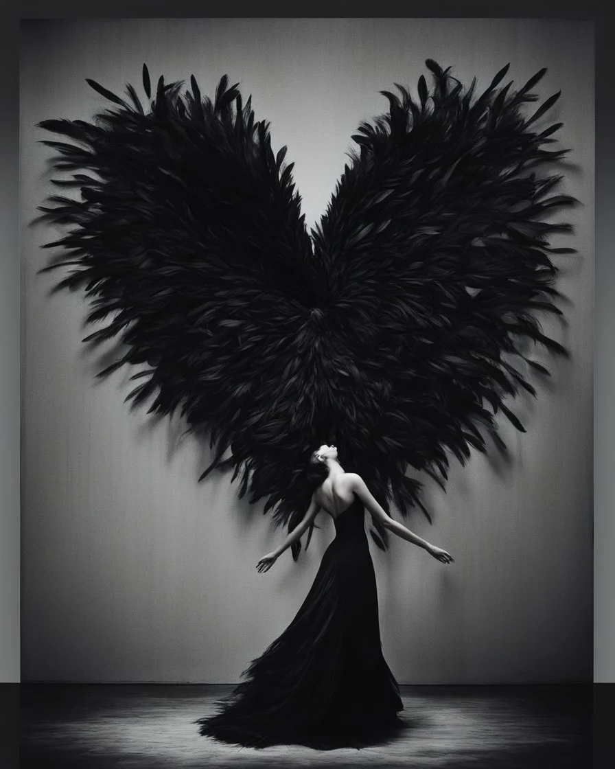 A captivating and surreal artwork featuring a heart-shaped figure entirely composed of sleek, jet-black feathers. Each feather delicately sways and flutters as if caught in a gentle breeze, creating a mesmerizing dance of movement and texture. The backdrop is a seamless expanse of deep, velvety black, accentuating the striking contrast and captivating allure of the feathered heart, which appears to be floating in the vast darkness.