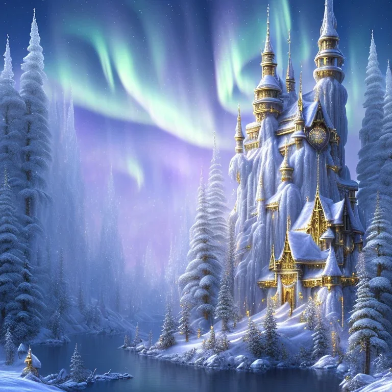  white and gold crystal castle，waterfall, winter snow flakessnow, northern Lights, full of details, smooth, bright sunshine，soft light atmosphere, light effect，vaporwave colorful, concept art, smooth, extremely sharp detail, finely tuned detail, ultra high definition, 8 k, unreal engine 5, ultra sharp focus