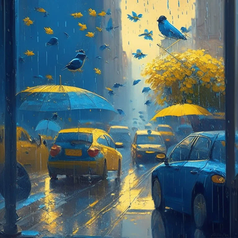 morning, window, umbrellas, people, rain, little birds, blue, flowers in the road, city, traffic, cars, sunlight, gold