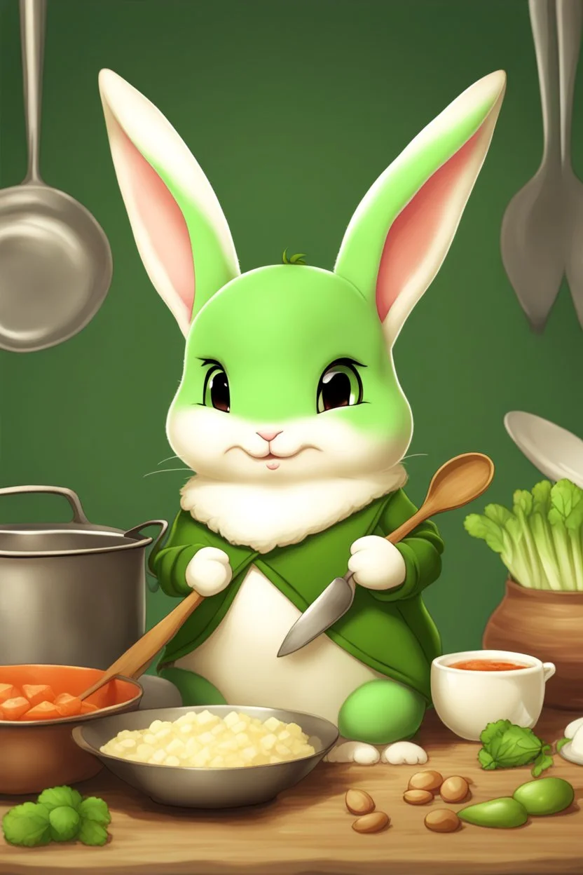 Cute chubby bunny floppy ears adventurer green dnd cooking art realism