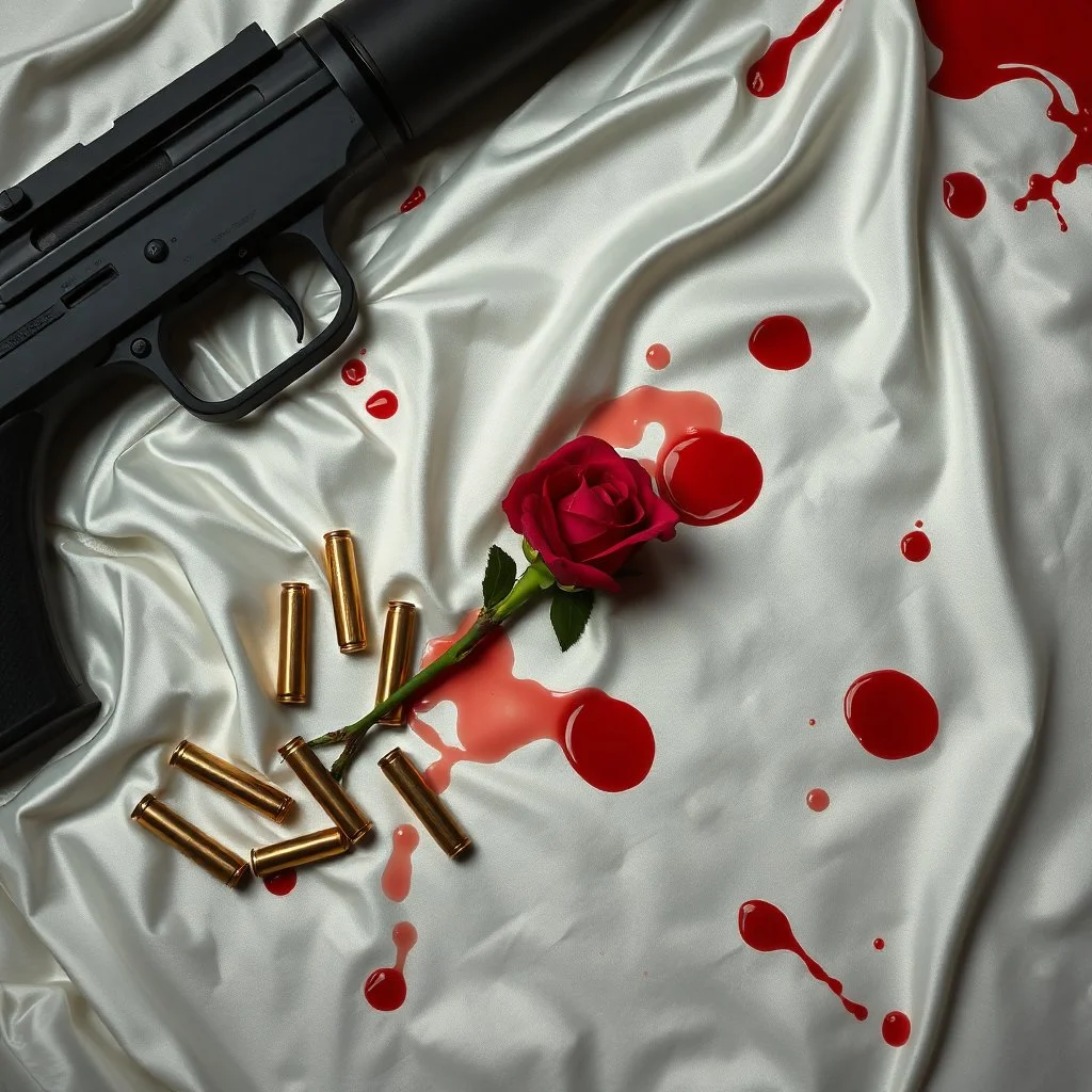 luger lying on a white silk sheet with bullets and a rose in a pool of blood