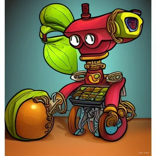 Fruit bot steam punk cartoon character very detailed and funny