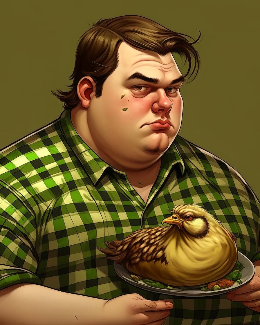 Portrait d'un jeune homme mangeant un grand poulet, ultra obèse; cheveux bruns et teint blanc, porte une chemise à carreaux de couleur vert olive. HD portrait, Artstation