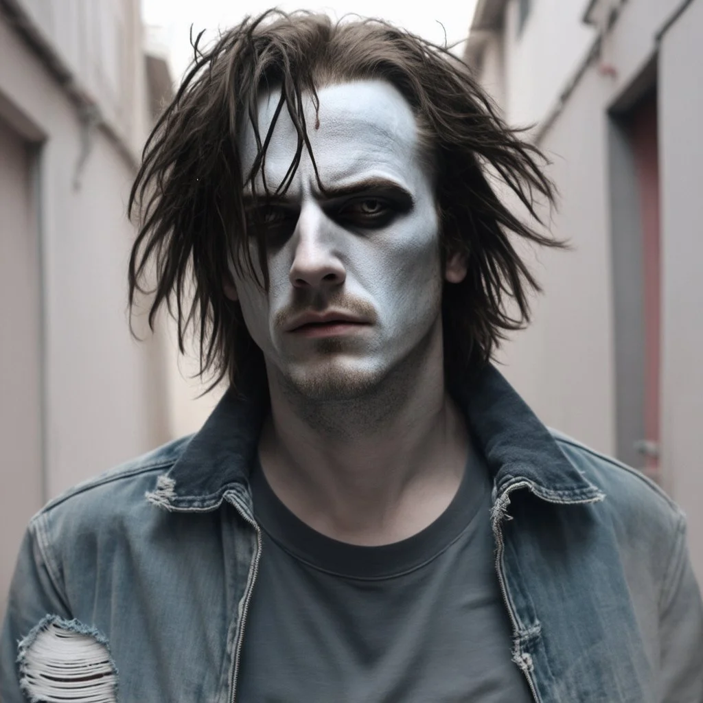 very grainy discolored 2000s photo, closeup portrait, dark night alley with no lights, grunge, extremely gaunt male with chalk-white skin wearing a ripped jeans jacket, animalistic, imposing, guarded, very long and messy hair, scrutinizing look in the eyes, gangrel