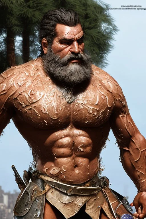 macho beefy strong turkish man sunbathing, sitted on an empty street, 52 years old, ripped tank top, wet, dirty, bullneck, hands behind the neck, bulging shorts, manly chest, very hairy, long beard, big shoulders, relaxed, photorealistic, well defined facial features, half figure photography, big nose, view angle from the ground