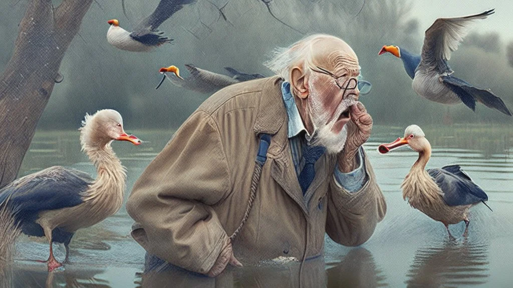 old man talks on phone while chasing ducks away,