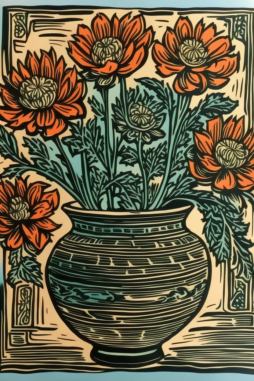 Block print of flowers in a vase