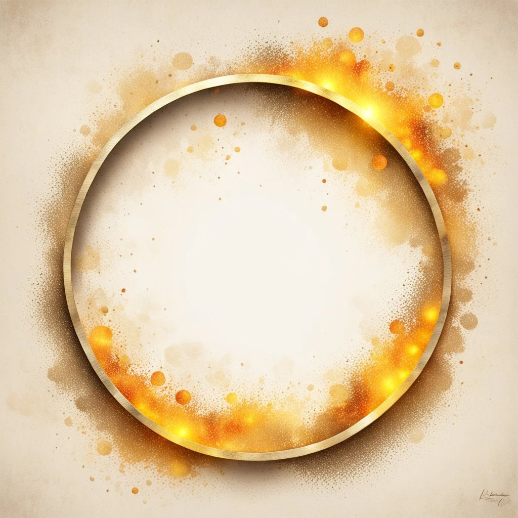 Hyper Realistic Beige-&-Yellow small-multicolor-Circular-Frame With Glowing Golden Embers On Off-White Grunge Background.