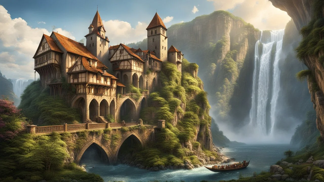 a medieval city at the foot of a waterfall at the end of a steep, narrow, 3.000 feet tall ravine. a masterpiece, fantasy concept art, dynamic lighting, hyperdetailed, intricately detailed, deep color, Unreal Engine, volumetric lighting, Epic cinematic brilliant stunning intricate meticulously detailed dramatic atmospheric maximalist digital matte painting