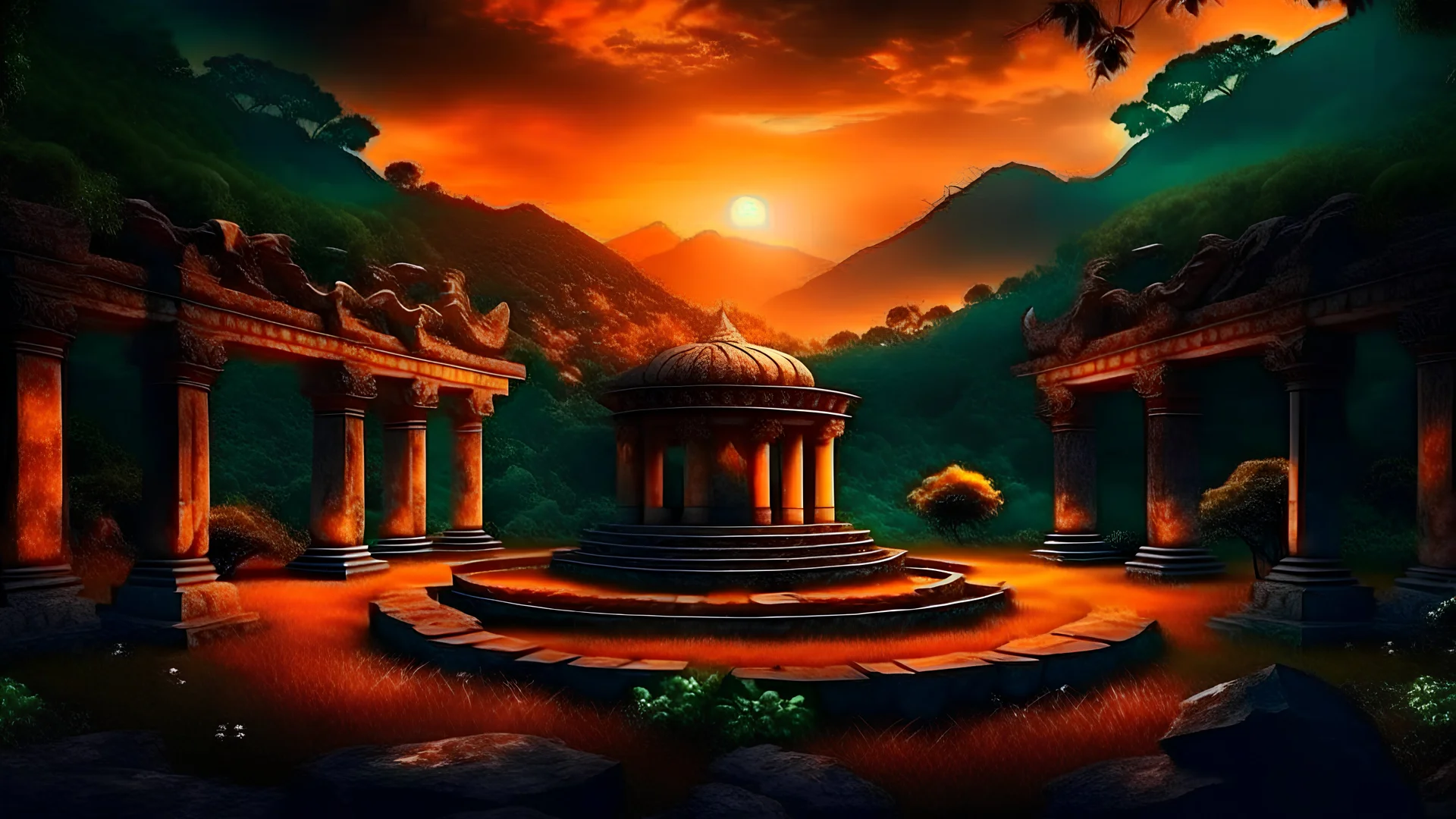 meditation round podium . my dreams . day landscape day landscape, orange light colors, In the garden my mind bows . meditation .The ruins of a village in the midst in the jungle , mountains. space color is dark , where you can see the fire and smell the smoke, galaxy, space, ethereal space, cosmos, panorama. Palace , Background: An otherworldly planet, bathed in the cold glow of distant stars. Northern Lights dancing above the clouds in papua new guinea.