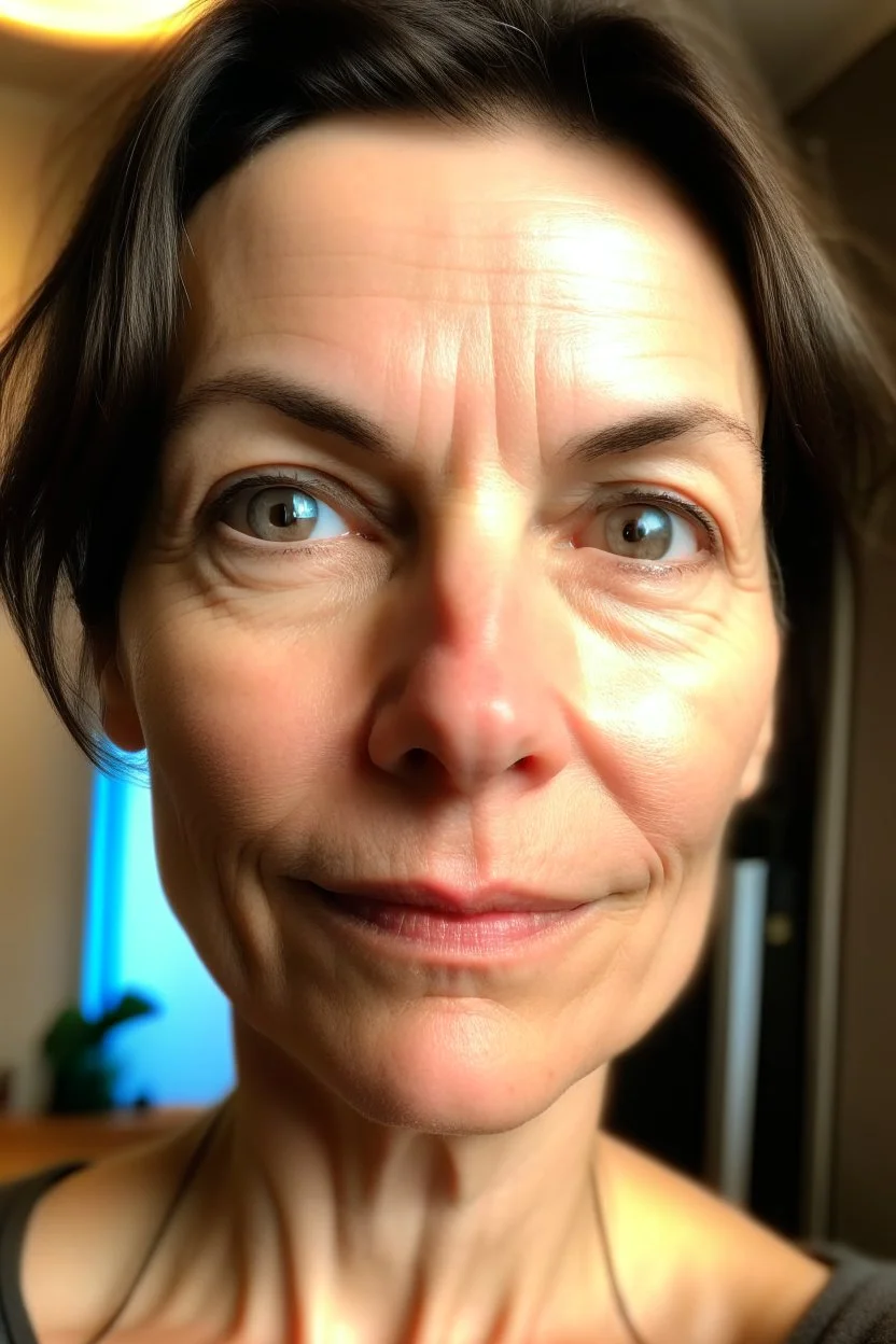 A selfie of a brunette woman, middle short hair taken after massage at spa salon. showing a 47-year-old European woman. She has white skin, tousled black hair, pretty face without makeup, big round brown eyes, cute profiled nose, detailed full lips, skin texture.