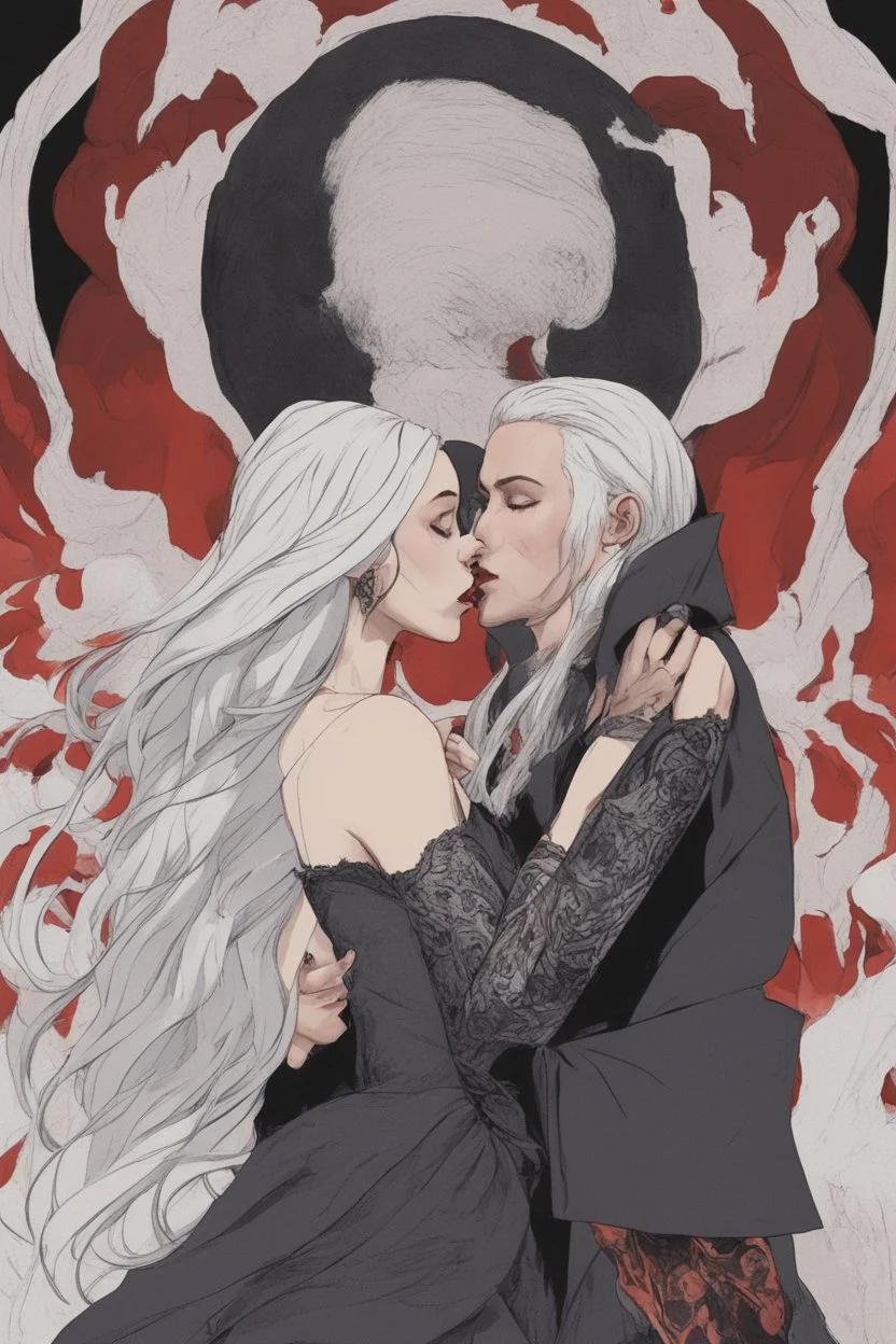 Strahd Von Zarovich, long black hair, being kissed on the mouth by a beautiful woman with white hair, wearing an off the shoulder dress. Settling and background are a lavish toomb with an ebony coffin.