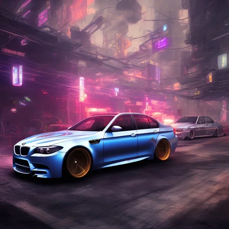 cyberpunk version of a BMW M5 during nighttime